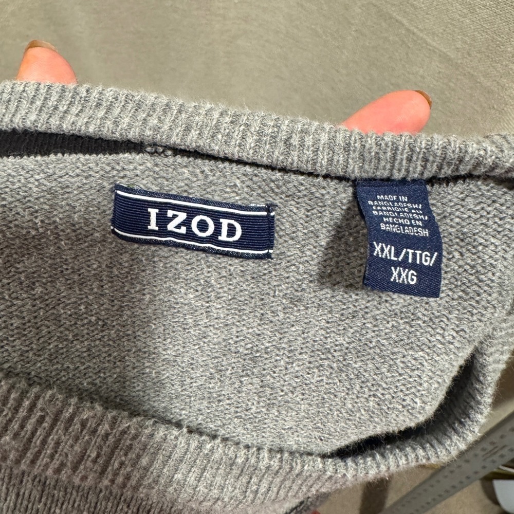 IZOD Mens XXL Sweater Color Block Crew‎ Neck Pullover Gray Black Knitwear - Picture 4 of 5